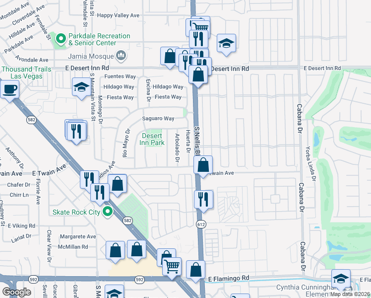 map of restaurants, bars, coffee shops, grocery stores, and more near 3635 Huerta Drive in Las Vegas