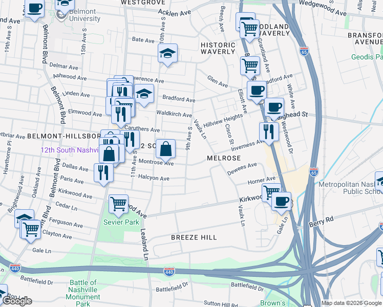map of restaurants, bars, coffee shops, grocery stores, and more near 904 Gilmore Avenue in Nashville