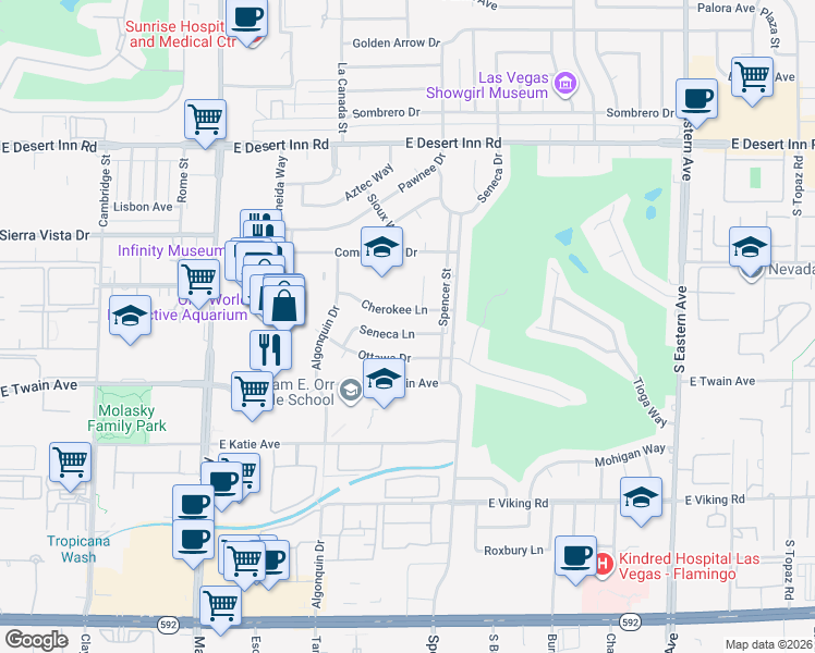 map of restaurants, bars, coffee shops, grocery stores, and more near 1692 Seneca Lane in Las Vegas