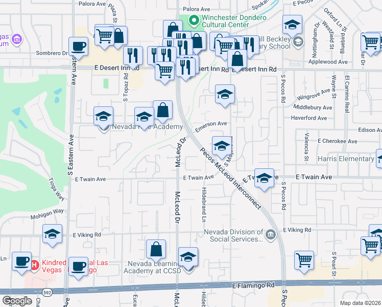 map of restaurants, bars, coffee shops, grocery stores, and more near 3575 Pecos-McLeod Interconnect in Las Vegas