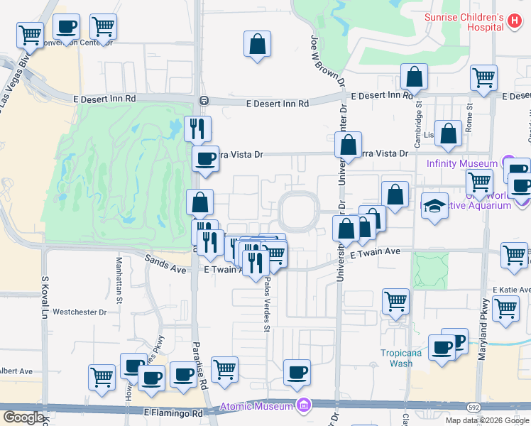 map of restaurants, bars, coffee shops, grocery stores, and more near 524 Delfern Lane in Las Vegas