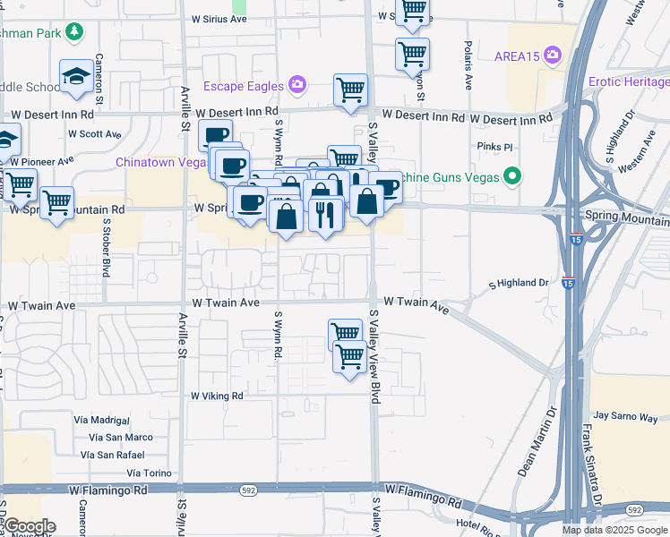 map of restaurants, bars, coffee shops, grocery stores, and more near 3605 Melonies Drive in Las Vegas