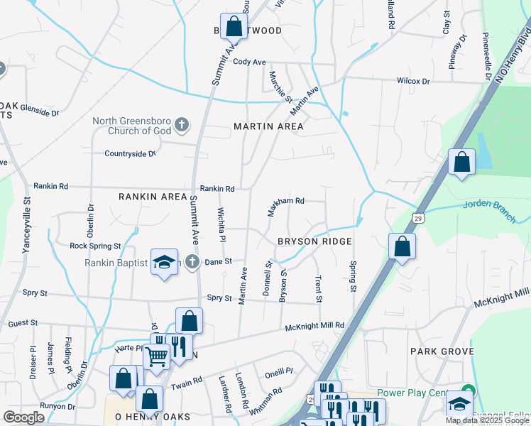 map of restaurants, bars, coffee shops, grocery stores, and more near 3509 Markham Road in Greensboro