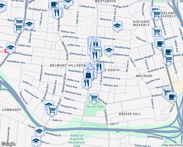 map of restaurants, bars, coffee shops, grocery stores, and more near in Nashville