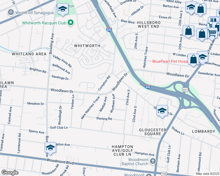 map of restaurants, bars, coffee shops, grocery stores, and more near 2906 Woodlawn Drive in Nashville