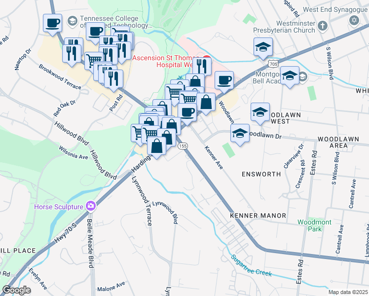 map of restaurants, bars, coffee shops, grocery stores, and more near 102 Woodmont Boulevard in Nashville
