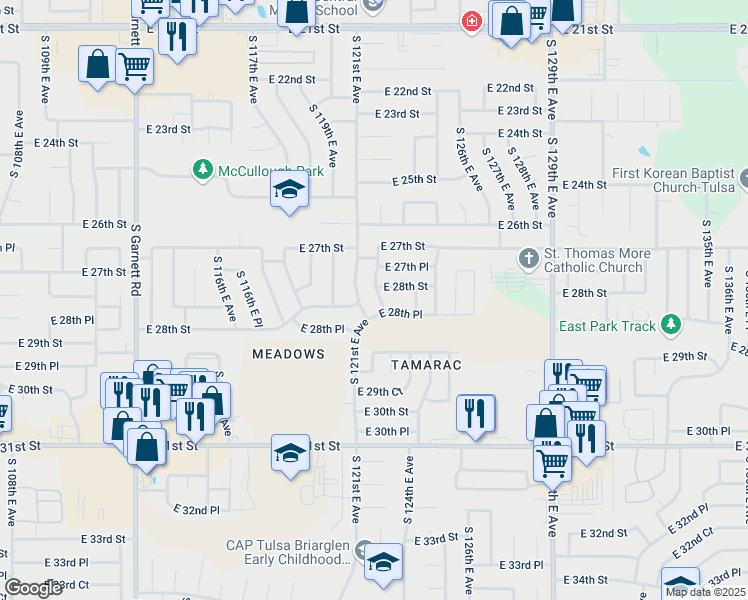 map of restaurants, bars, coffee shops, grocery stores, and more near 2804 South 122nd East Avenue in Tulsa
