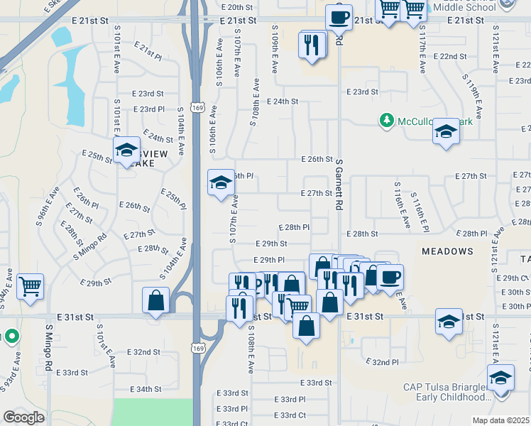 map of restaurants, bars, coffee shops, grocery stores, and more near 10733 East 28th Street in Tulsa