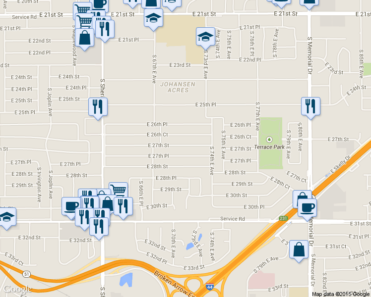 map of restaurants, bars, coffee shops, grocery stores, and more near 6751 East 27th Street in Tulsa
