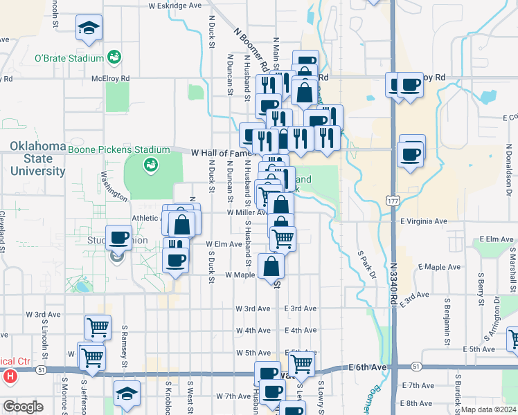 map of restaurants, bars, coffee shops, grocery stores, and more near 220 North Husband Street in Stillwater