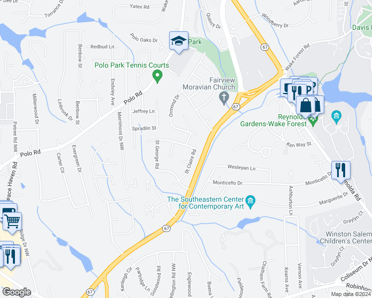 map of restaurants, bars, coffee shops, grocery stores, and more near 2920 Saint Claire Road in Winston-Salem