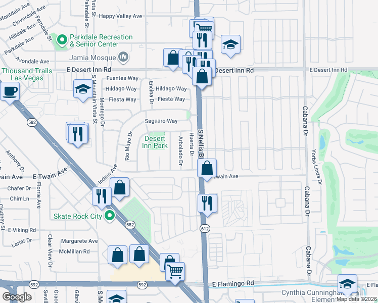 map of restaurants, bars, coffee shops, grocery stores, and more near 3635 Huerta Drive in Las Vegas