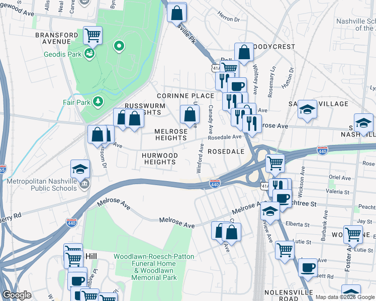 map of restaurants, bars, coffee shops, grocery stores, and more near 505 Rosedale Avenue in Nashville
