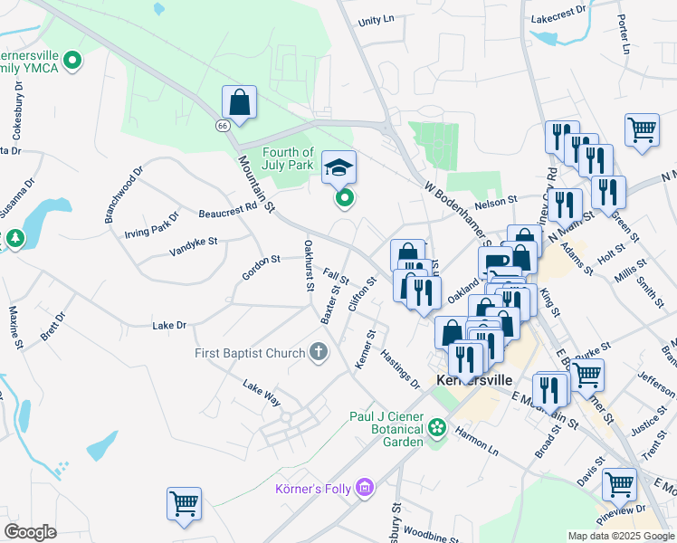 map of restaurants, bars, coffee shops, grocery stores, and more near 112 Baxter Street in Kernersville