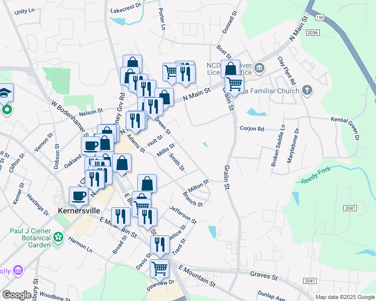 map of restaurants, bars, coffee shops, grocery stores, and more near 213 Green Street in Kernersville