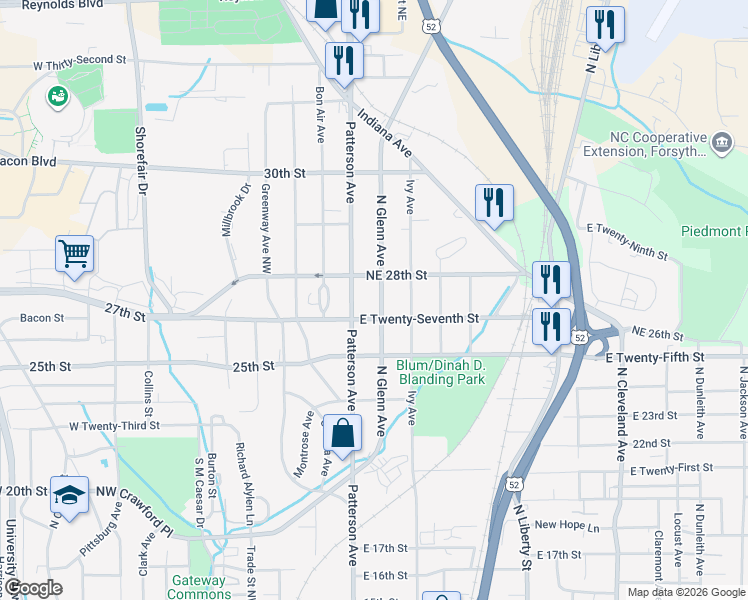 map of restaurants, bars, coffee shops, grocery stores, and more near 2736 Glenn Avenue Northeast in Winston-Salem
