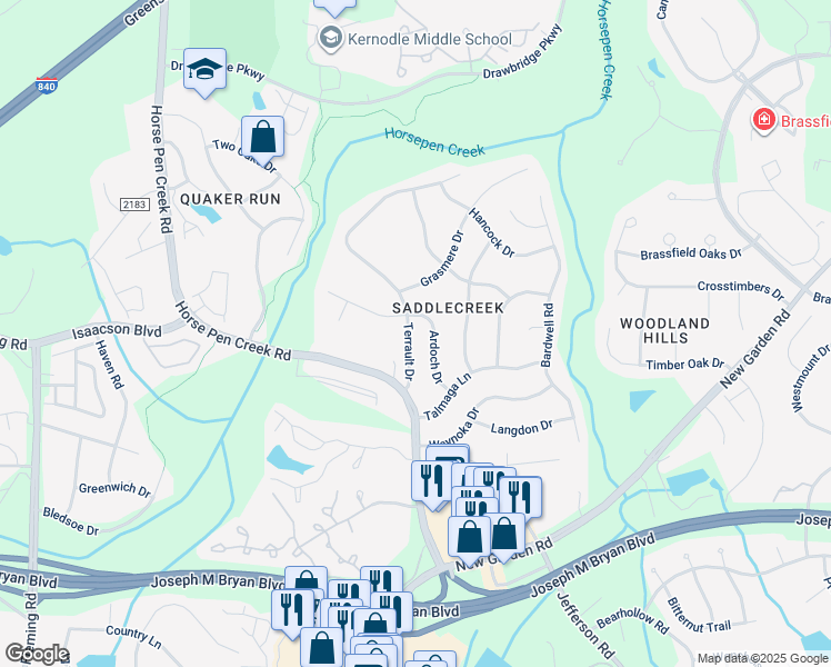 map of restaurants, bars, coffee shops, grocery stores, and more near 3314 Terrault Drive in Greensboro