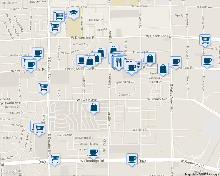 map of restaurants, bars, coffee shops, grocery stores, and more near 4370 Sanderling Circle in Las Vegas