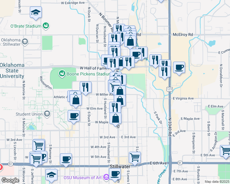 map of restaurants, bars, coffee shops, grocery stores, and more near 224 North Main Street in Stillwater