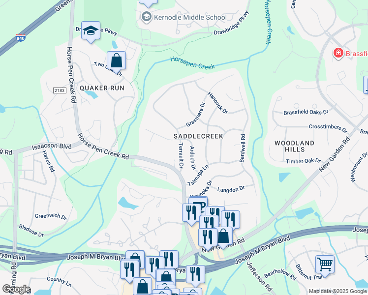 map of restaurants, bars, coffee shops, grocery stores, and more near 3314 Terrault Drive in Greensboro