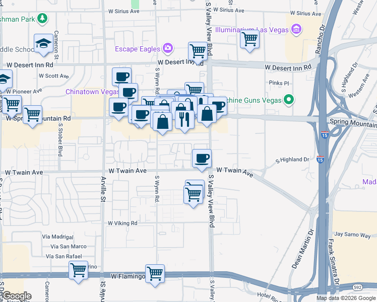 map of restaurants, bars, coffee shops, grocery stores, and more near 3605 Melonies Drive in Las Vegas