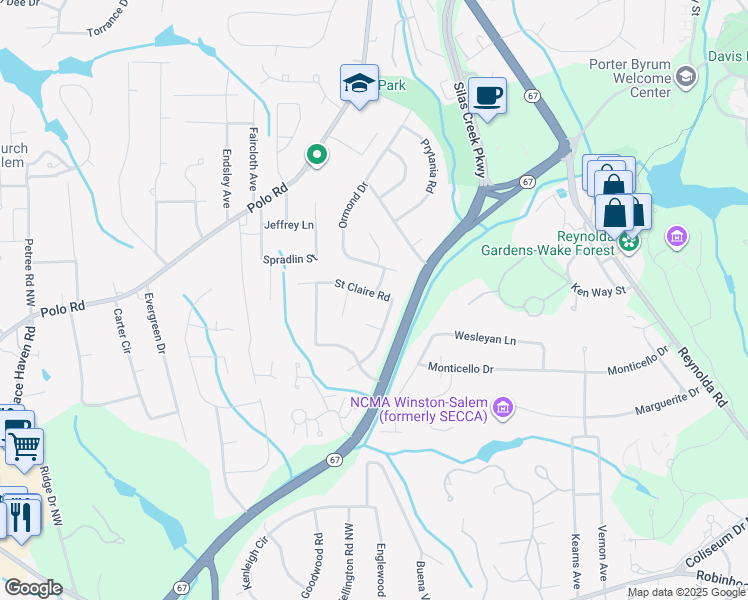 map of restaurants, bars, coffee shops, grocery stores, and more near 2920 Saint Claire Road in Winston-Salem