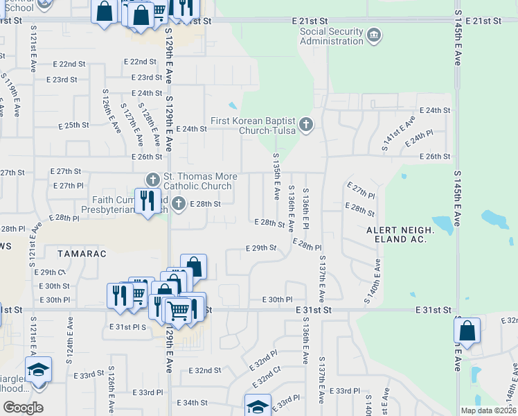 map of restaurants, bars, coffee shops, grocery stores, and more near 2732 South 134th East Avenue in Tulsa