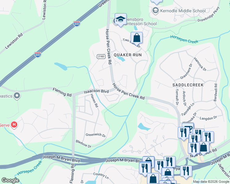 map of restaurants, bars, coffee shops, grocery stores, and more near 2788 Horse Pen Creek Road in Greensboro