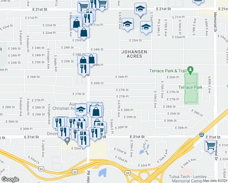 map of restaurants, bars, coffee shops, grocery stores, and more near 6626 East 27th Street in Tulsa