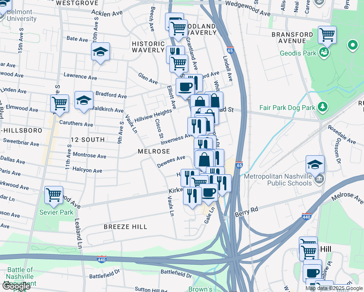 map of restaurants, bars, coffee shops, grocery stores, and more near 801 Inverness Avenue in Nashville