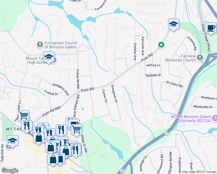map of restaurants, bars, coffee shops, grocery stores, and more near 2702 Polo Road in Winston-Salem