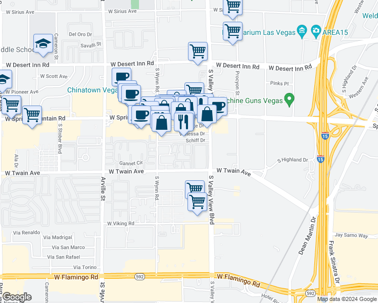 map of restaurants, bars, coffee shops, grocery stores, and more near 3924 Aquamarine Way in Las Vegas
