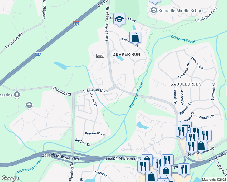 map of restaurants, bars, coffee shops, grocery stores, and more near 122 Tannenbaum Circle in Greensboro