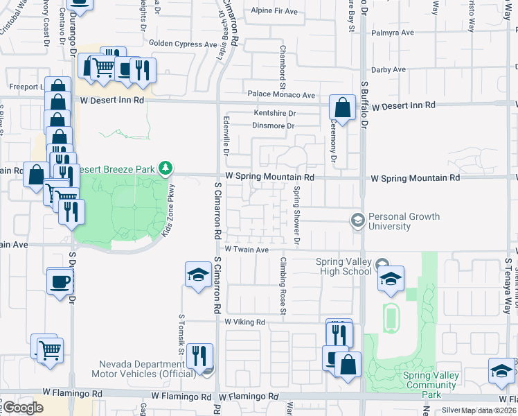 map of restaurants, bars, coffee shops, grocery stores, and more near 3555 Meridale Drive in Las Vegas