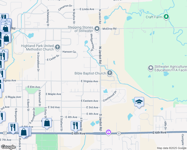 map of restaurants, bars, coffee shops, grocery stores, and more near 2002 East Duke Avenue in Stillwater