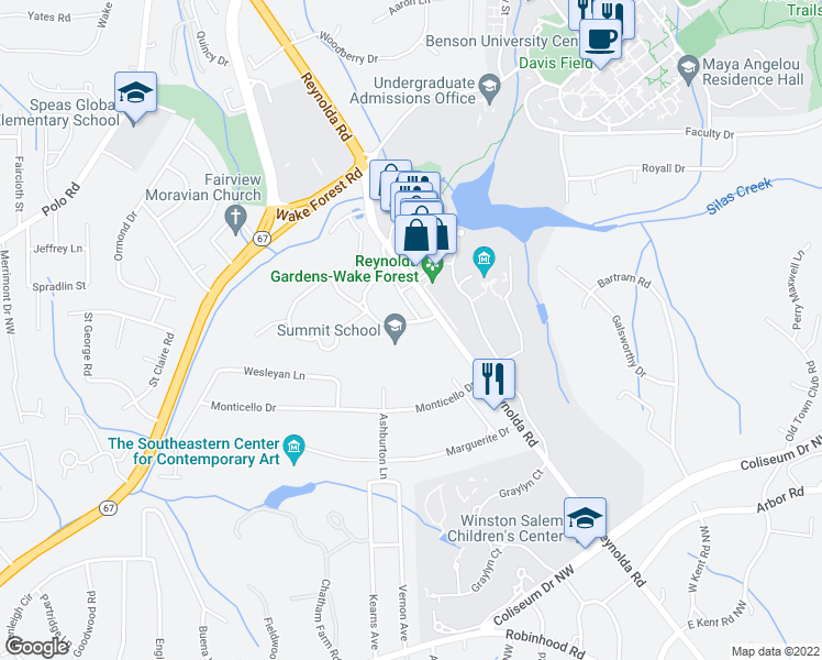 map of restaurants, bars, coffee shops, grocery stores, and more near 2100 Reynolda Road in Winston-Salem