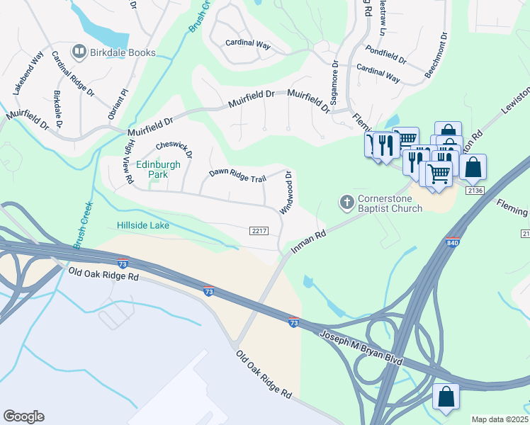 map of restaurants, bars, coffee shops, grocery stores, and more near 5907 High View Road in Greensboro
