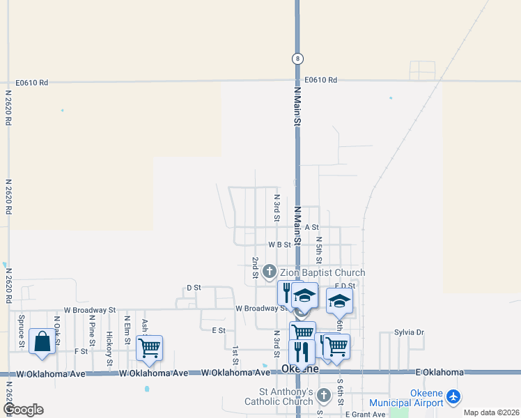 map of restaurants, bars, coffee shops, grocery stores, and more near 820 North 3rd Street in Okeene