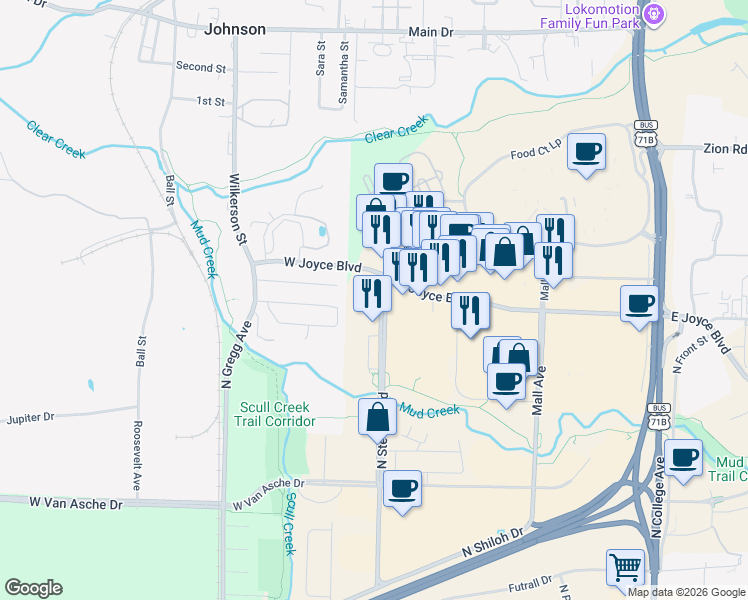 map of restaurants, bars, coffee shops, grocery stores, and more near 3981 Steele Boulevard in Fayetteville