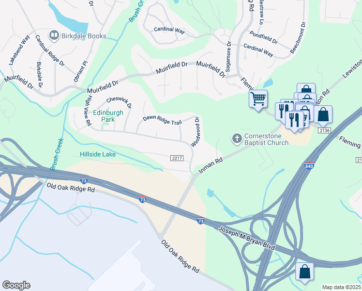 map of restaurants, bars, coffee shops, grocery stores, and more near 5907 High View Road in Greensboro