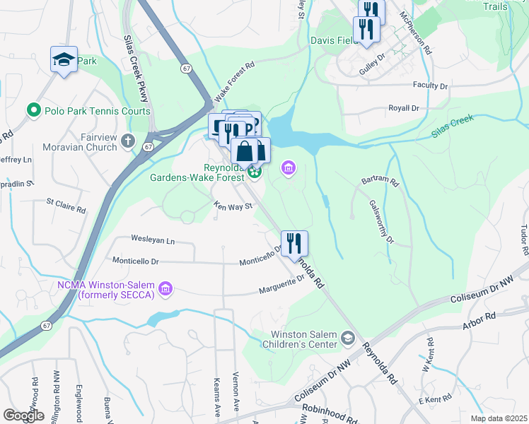 map of restaurants, bars, coffee shops, grocery stores, and more near 2100 Reynolda Road in Winston-Salem