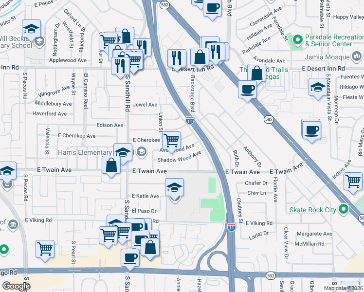 map of restaurants, bars, coffee shops, grocery stores, and more near 3989 East Cherokee Avenue in Las Vegas