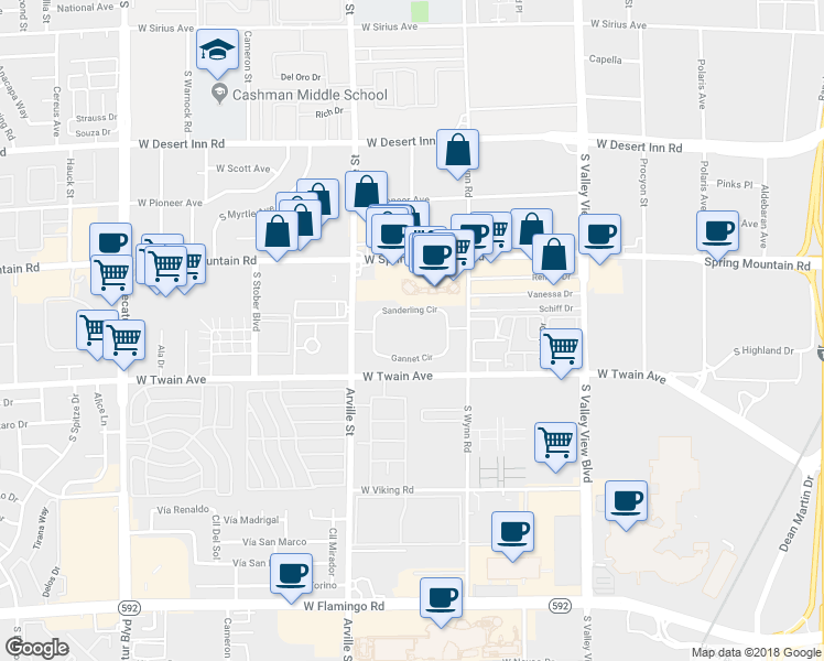 map of restaurants, bars, coffee shops, grocery stores, and more near 4261 Sanderling Circle in Las Vegas