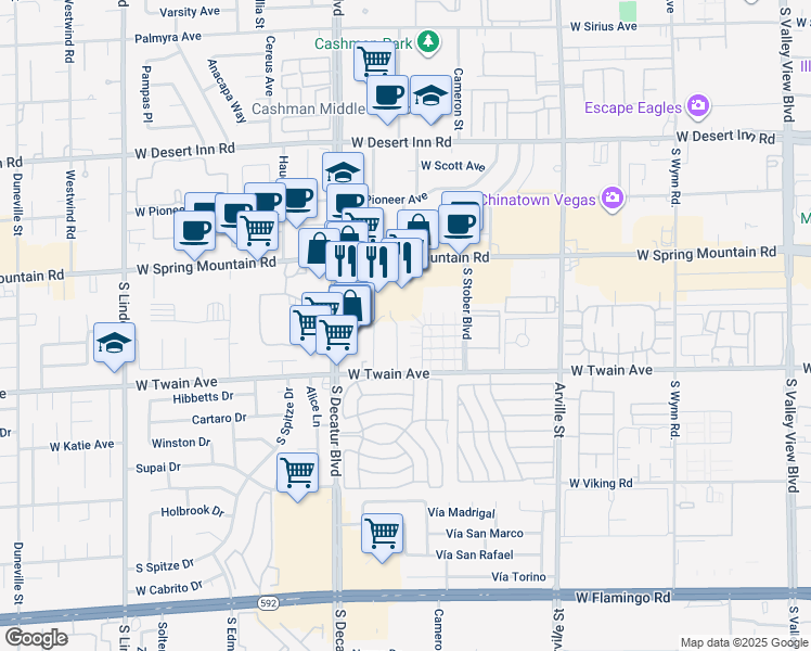 map of restaurants, bars, coffee shops, grocery stores, and more near 3607 Kolendo Court in Las Vegas
