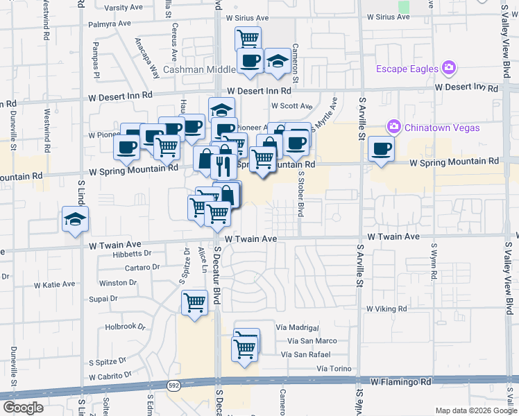 map of restaurants, bars, coffee shops, grocery stores, and more near 3607 Kolendo Court in Las Vegas