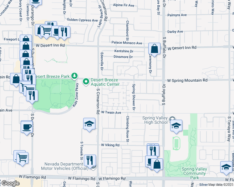 map of restaurants, bars, coffee shops, grocery stores, and more near 3572 Meridale Drive in Las Vegas