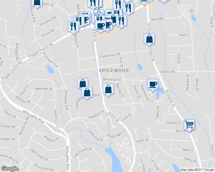 map of restaurants, bars, coffee shops, grocery stores, and more near 3200 North Elm Street in Greensboro