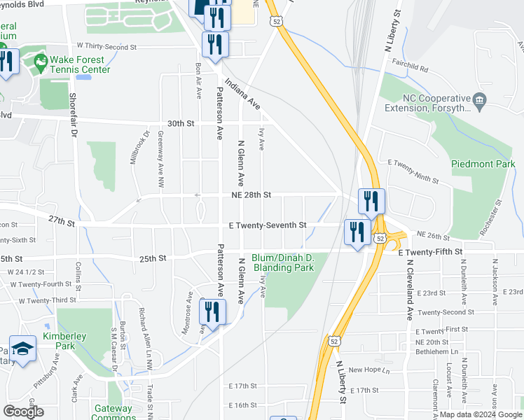 map of restaurants, bars, coffee shops, grocery stores, and more near 422 Northeast 28th Street in Winston-Salem