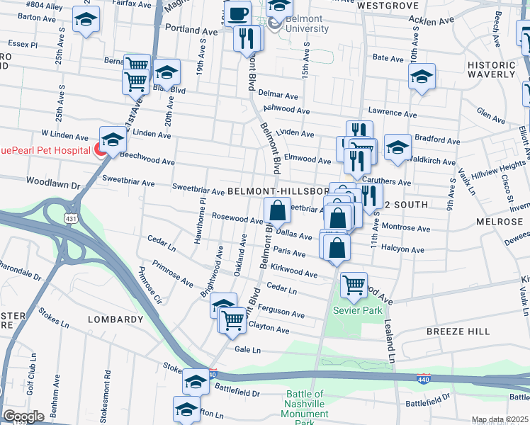 map of restaurants, bars, coffee shops, grocery stores, and more near in Nashville