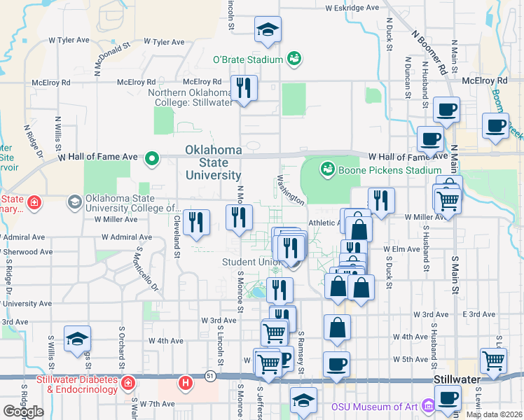 map of restaurants, bars, coffee shops, grocery stores, and more near in Stillwater